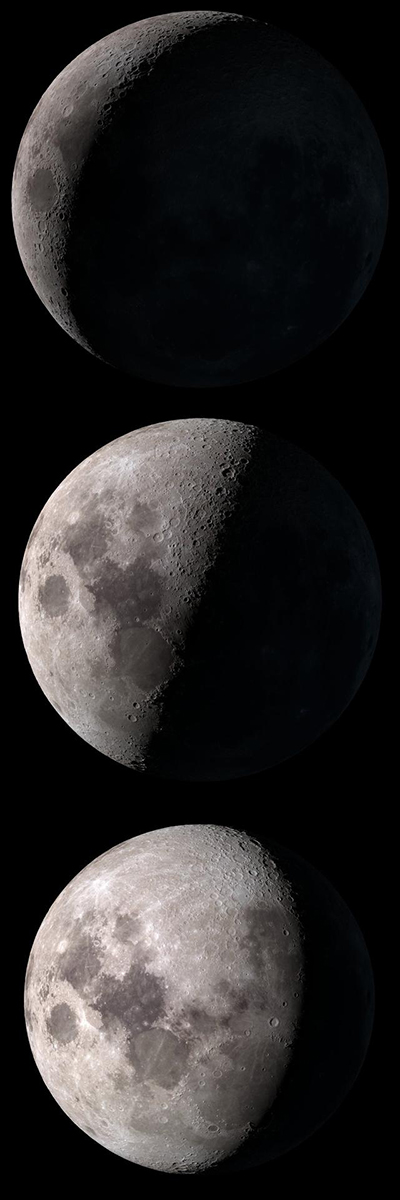 Waxing moon phases (southern hemisphere view)