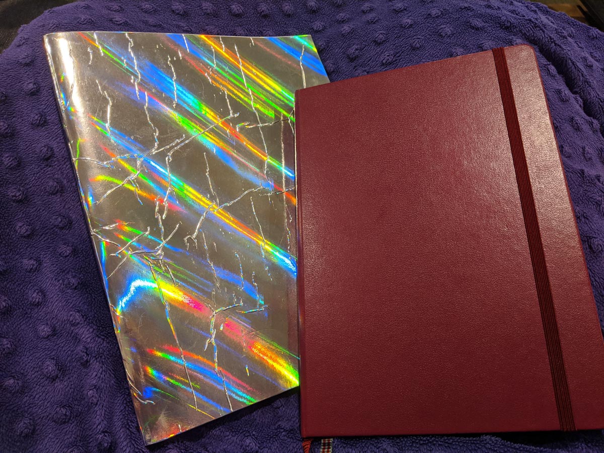 My Book of Mirrors, a holographic exercise book, and Book of Trees, a raspberry Leuchtturm
