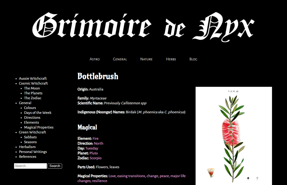 A screenshot of the Bottlebrush page on my Grimoire