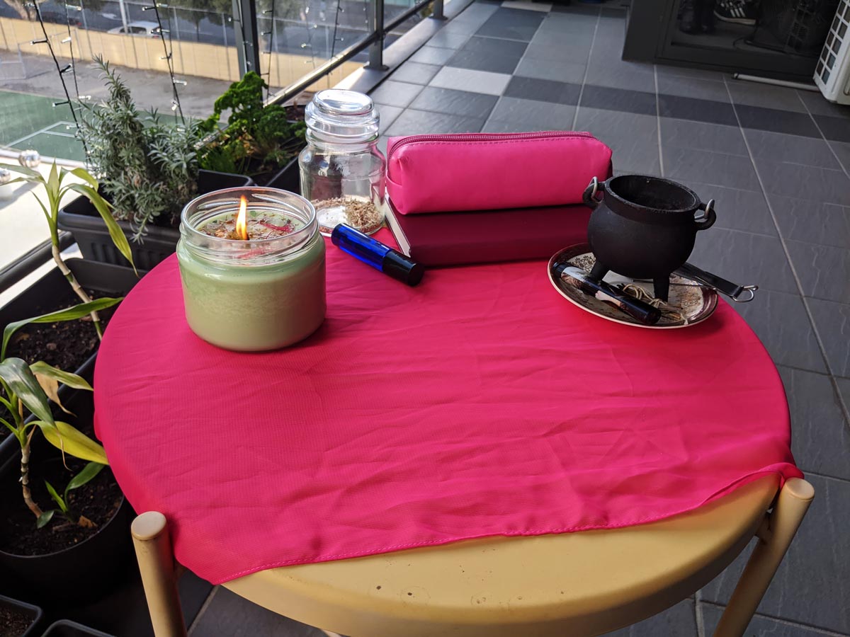 A photo of my balcony setup for a Spring Equinox ritual